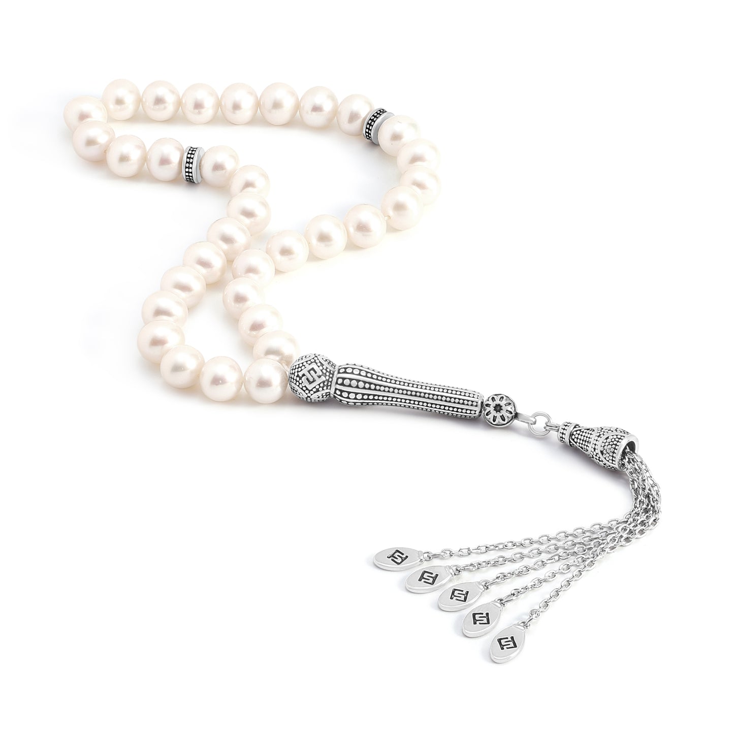 Rosary 33 Natural White Pearl Round Bead 8-9 mm With Stainless Steel 316L Set Silver And Black Plated