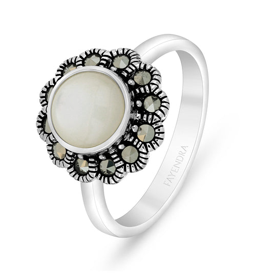 Sterling Silver 925 Ring Embedded With Natural White Shell And Marcasite Stones