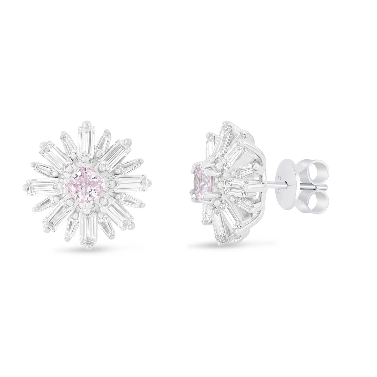Sterling Silver 925 Earring Rhodium Plated Embedded With Pink Zircon And White Zircon