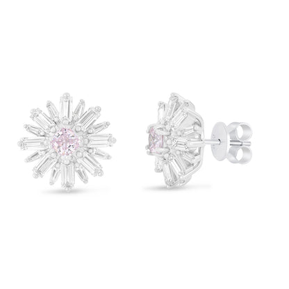 Sterling Silver 925 Earring Rhodium Plated Embedded With Pink Zircon And White Zircon