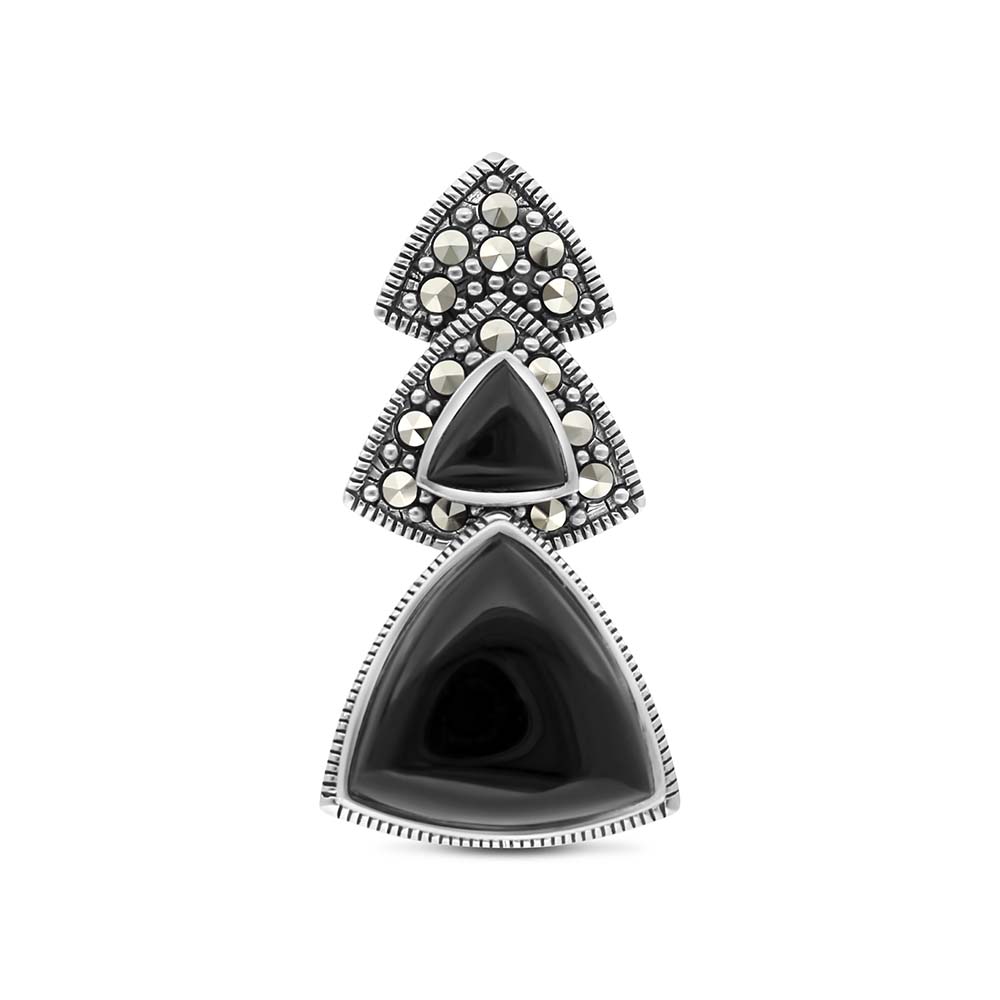 Sterling Silver 925 Pendant Embedded With Natural Black Agate And Marcasite Stones