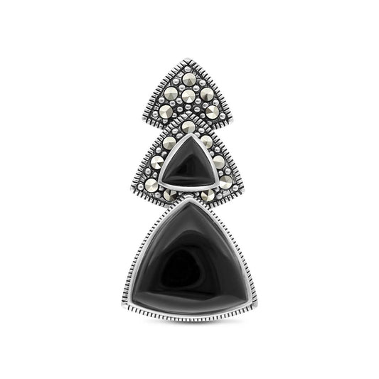 Sterling Silver 925 Pendant Embedded With Natural Black Agate And Marcasite Stones
