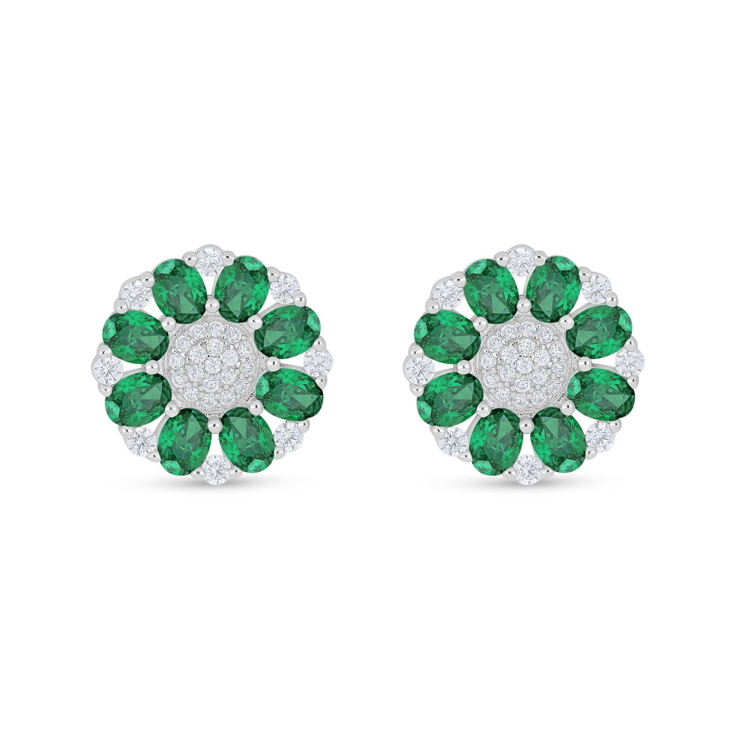 Sterling Silver 925 Earring Rhodium Plated Embedded With Emerald Zircon And White Zircon