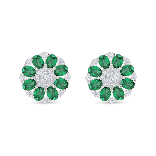 Sterling Silver 925 Earring Rhodium Plated Embedded With Emerald Zircon And White Zircon