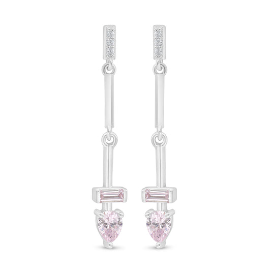 Sterling Silver 925 Earring Rhodium Plated Embedded With Pink Zircon And White Zircon