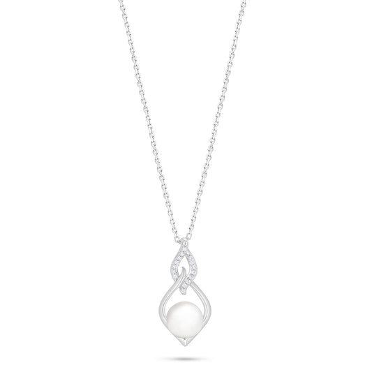 Sterling Silver 925 Necklace Rhodium Plated Embedded With Natural White Pearl And White Zircon