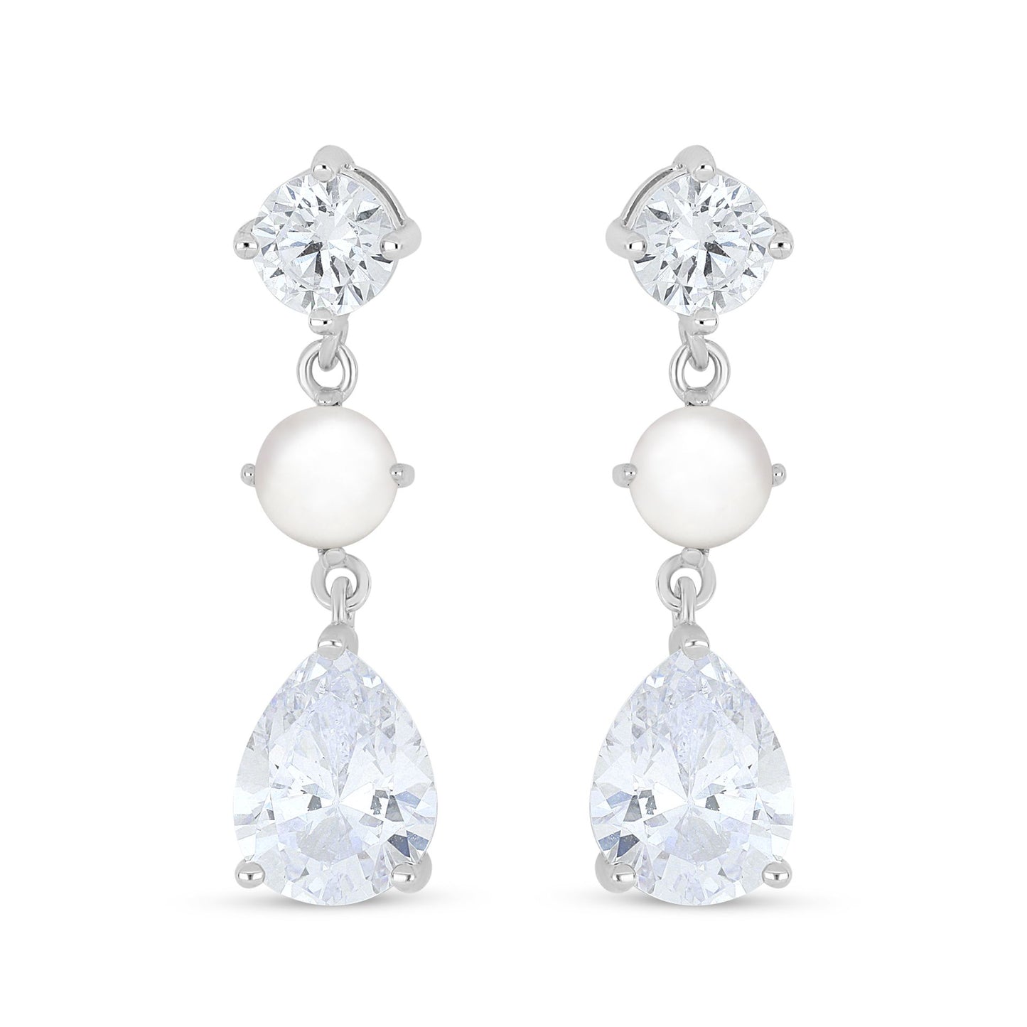 Sterling Silver 925 Earring Rhodium Plated Embedded With Natural White Pearl And White Zircon