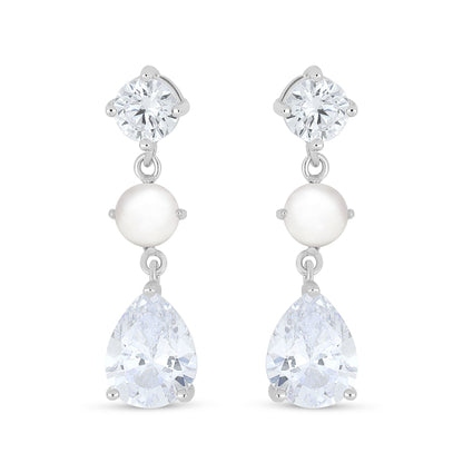 Sterling Silver 925 Earring Rhodium Plated Embedded With Natural White Pearl And White Zircon