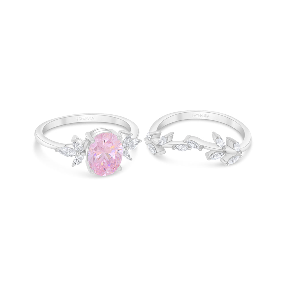 Sterling Silver 925 Ring (Twins) Rhodium Plated  Embedded With Pink Zircon And White Zircon