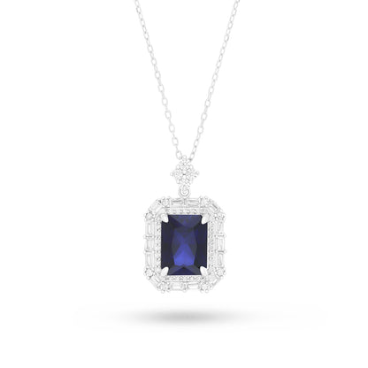 Sterling Silver 925 Necklace Rhodium Plated Embedded With Sapphire Corundum And White Zircon