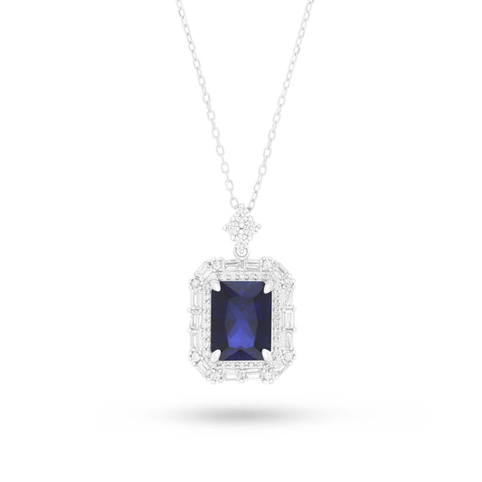 Sterling Silver 925 Necklace Rhodium Plated Embedded With Sapphire Corundum And White Zircon