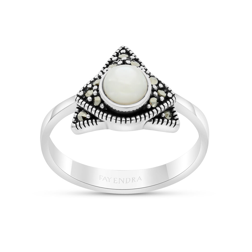 Sterling Silver 925 Ring Embedded With Natural White Shell And Marcasite Stones