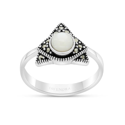 Sterling Silver 925 Ring Embedded With Natural White Shell And Marcasite Stones