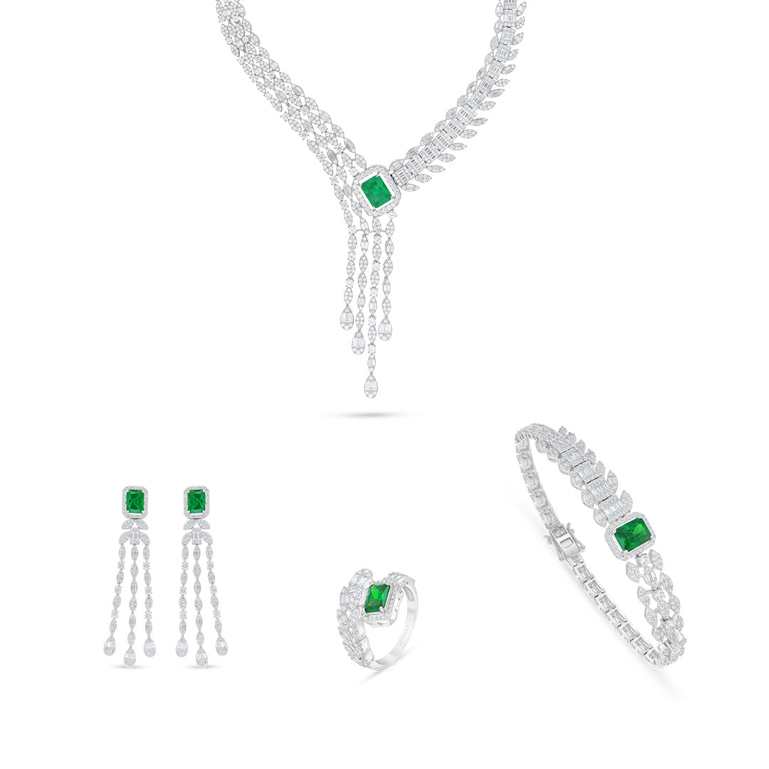 Sterling Silver 925 Set Rhodium Plated Embedded With Emerald Zircon And White Zircon