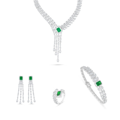 Sterling Silver 925 Set Rhodium Plated Embedded With Emerald Zircon And White Zircon