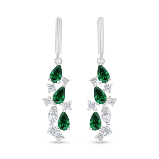 Sterling Silver 925 Earring Rhodium Plated Embedded With Emerald Zircon And White Zircon