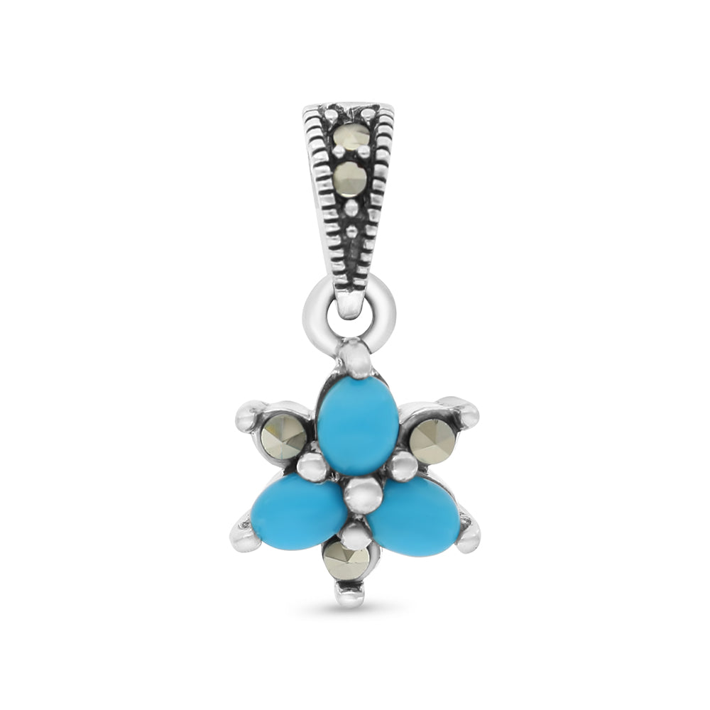 Sterling Silver 925 Pendant Embedded With Natural Processed Turquoise And Marcasite Stones