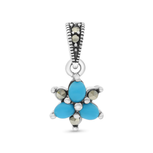 Sterling Silver 925 Pendant Embedded With Natural Processed Turquoise And Marcasite Stones