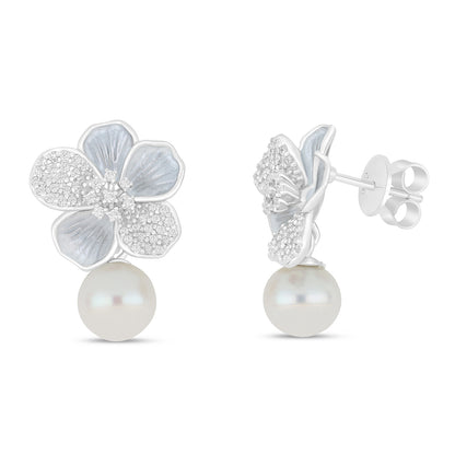 Sterling Silver 925 Earring Rhodium Plated Embedded With Natural White Pearl And White Zircon