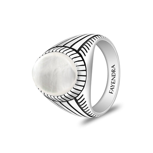 Sterling Silver 925 Ring Rhodium And Black Plated Embedded With Cabochon White Shell For Men