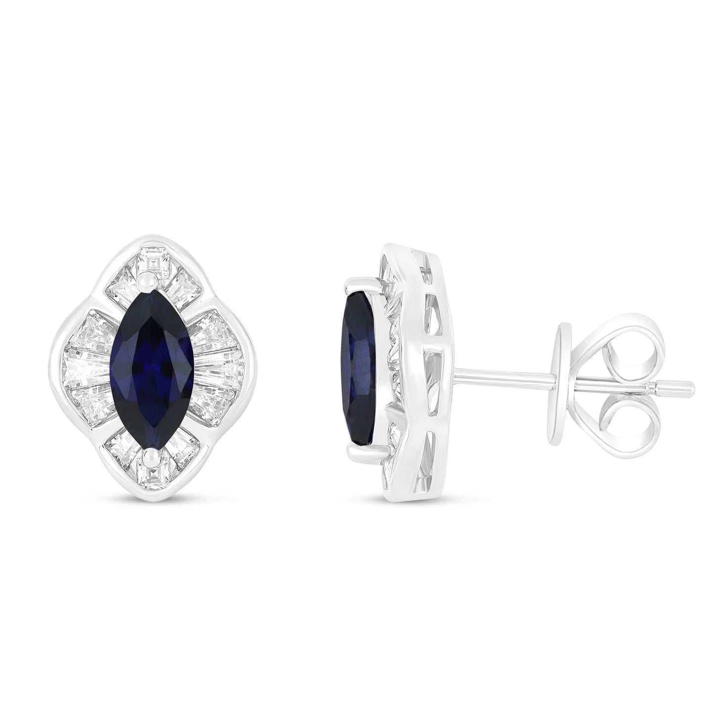 Sterling Silver 925 Earring Rhodium Plated Embedded With Sapphire Corundum And White Zircon