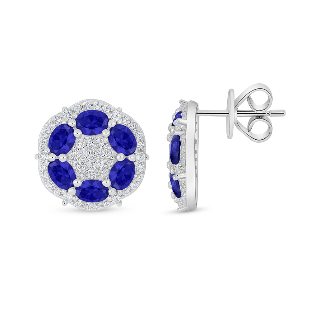 Sterling Silver 925 Earring Rhodium Plated Embedded With Sapphire Corundum And White Zircon
