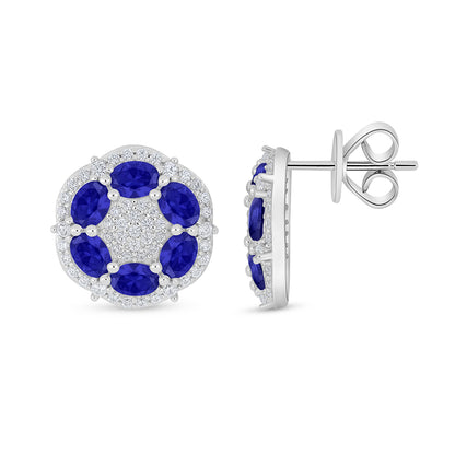 Sterling Silver 925 Earring Rhodium Plated Embedded With Sapphire Corundum And White Zircon
