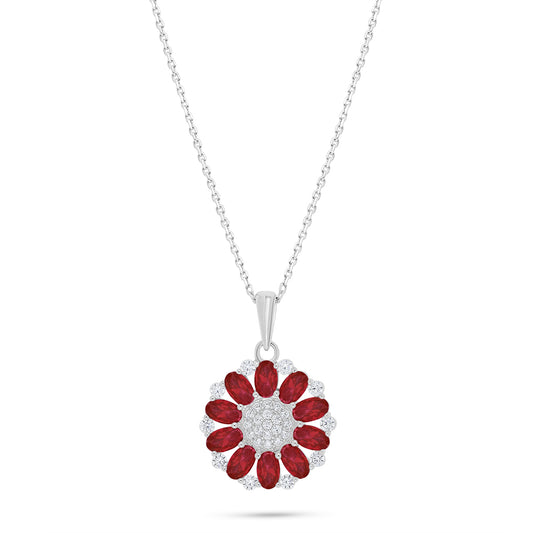 Sterling Silver 925 Necklace Rhodium Plated Embedded With Ruby Corundum And White Zircon