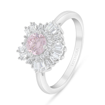 Sterling Silver 925 Ring Rhodium Plated Embedded With Pink Zircon And White Zircon