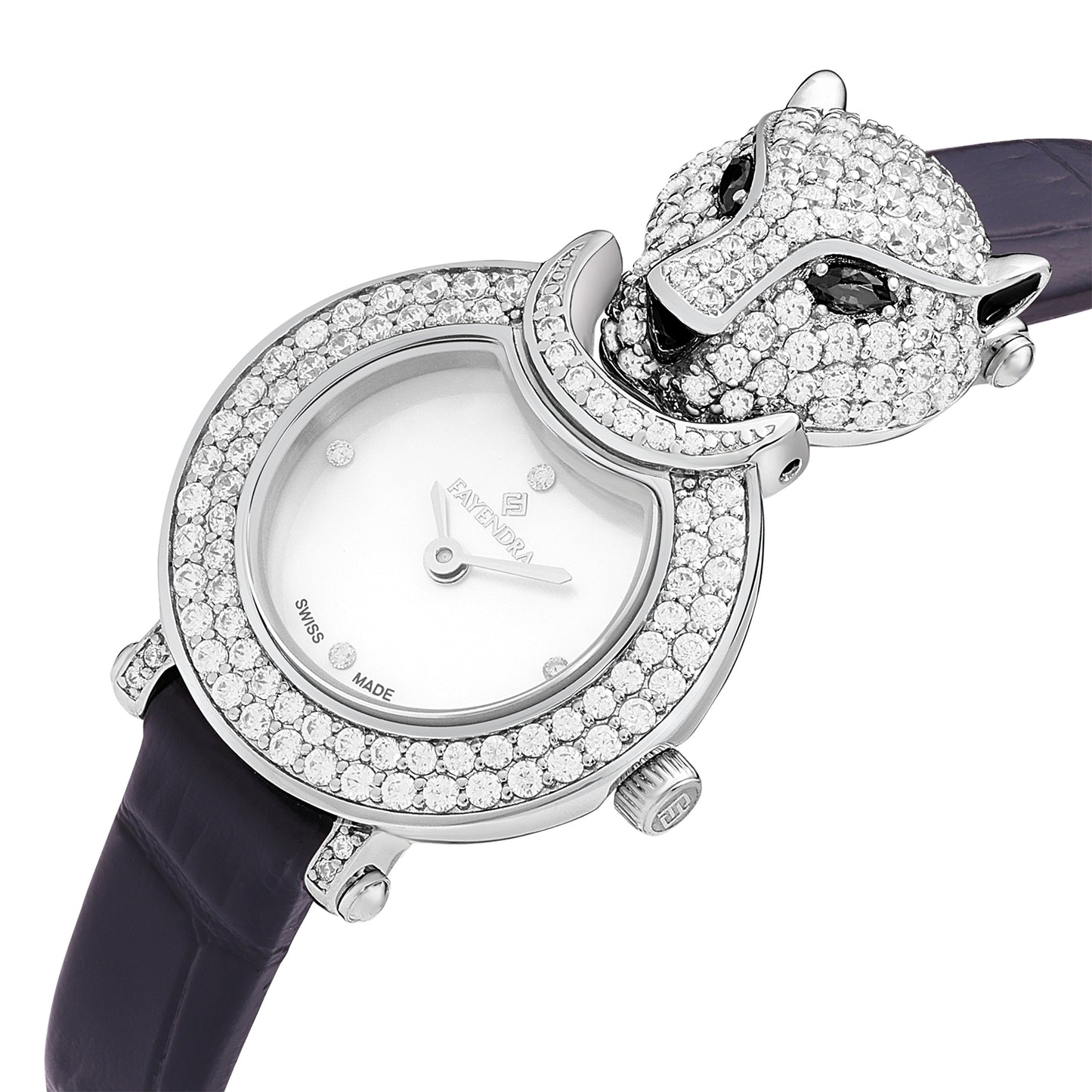 Stainless Steel 316L Watch Silver Color Black Leather Embedded With Emerald Zircon And White Zircon - WHITE MOP DIAL