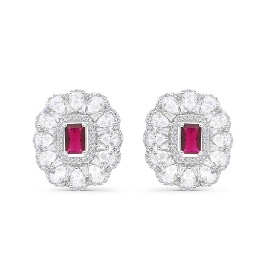 Sterling Silver 925 Earring Rhodium Plated Embedded With Ruby Corundum
