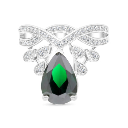 Sterling Silver 925 Ring Rhodium Plated Embedded With Emerald Zircon And White CZ