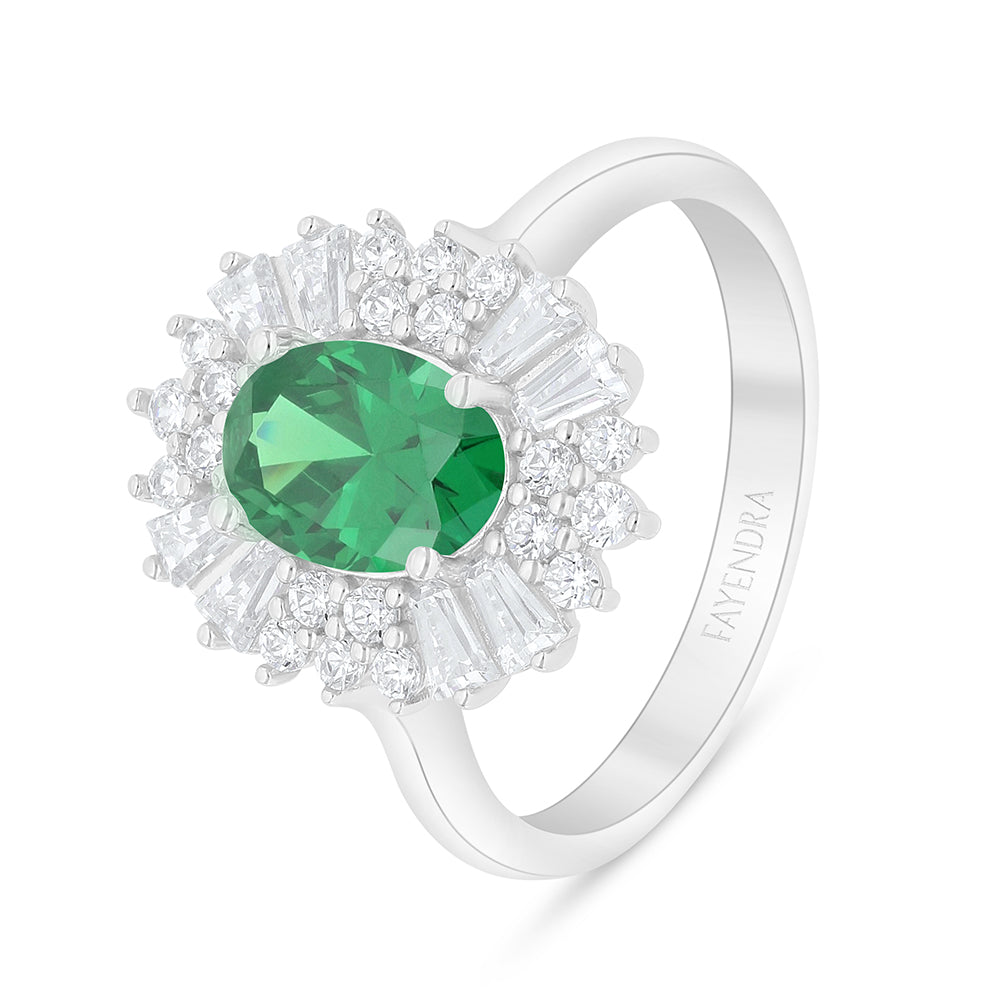 Sterling Silver 925 Ring Rhodium Plated Embedded With Emerald Zircon And White Zircon