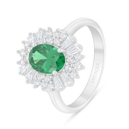 Sterling Silver 925 Ring Rhodium Plated Embedded With Emerald Zircon And White Zircon