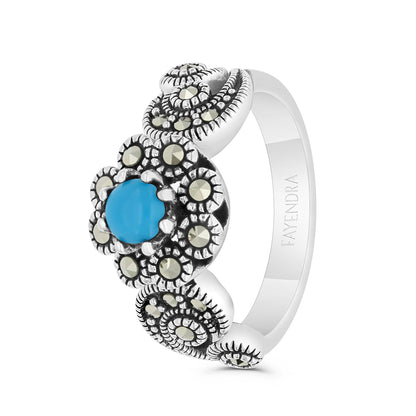 Sterling Silver 925 Ring Embedded With Natural Processed Turquoise And Marcasite Stones