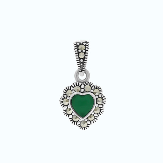Sterling Silver 925 Pendant Embedded With Natural Green Agate And Marcasite Stones