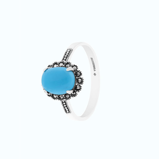 Sterling Silver 925 Ring Embedded With Natural Processed Turquoise And Marcasite Stones