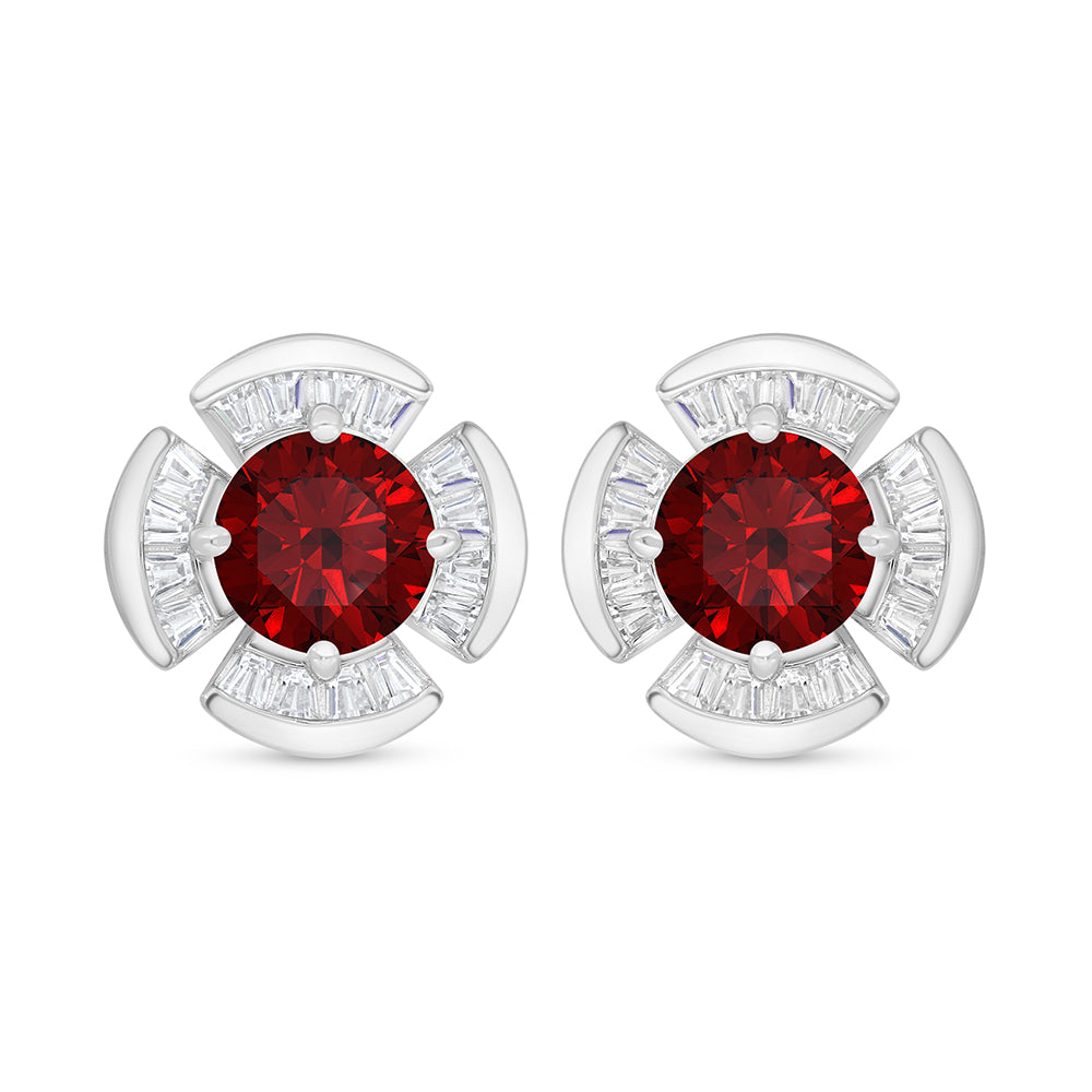 Sterling Silver 925 Earring Rhodium Plated Embedded With Ruby Corundum And White Zircon