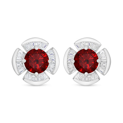 Sterling Silver 925 Earring Rhodium Plated Embedded With Ruby Corundum And White Zircon