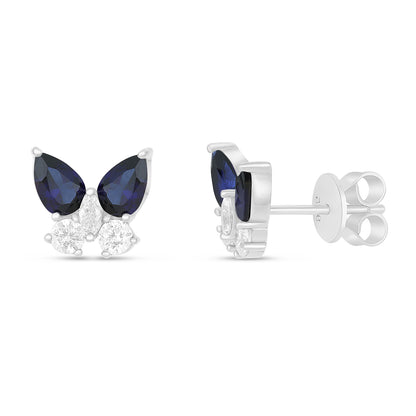 Sterling Silver 925 Earring Rhodium Plated Embedded With Sapphire Corundum And White Zircon