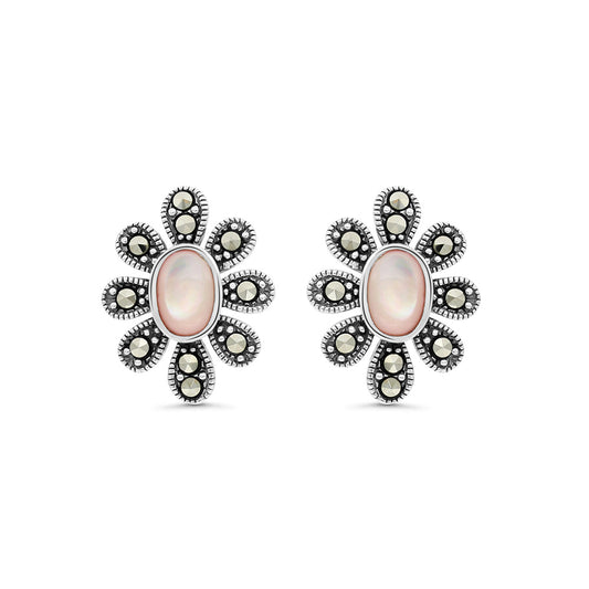Sterling Silver 925 Earring Embedded With Natural Pink Shell And Marcasite Stones