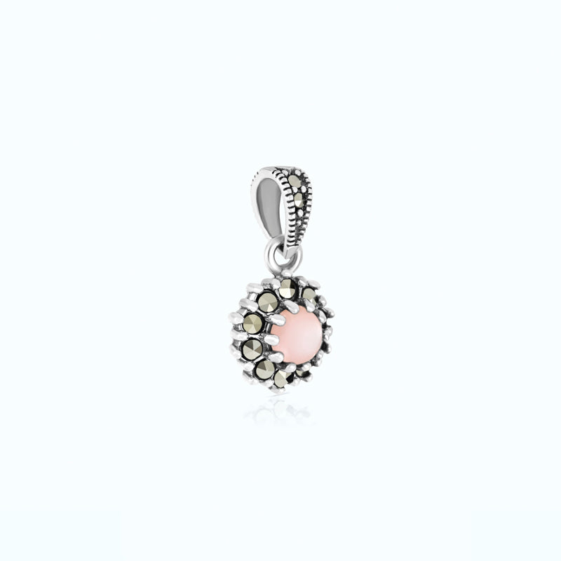 Sterling Silver 925 Pendant Embedded With Natural Pink Shell And Marcasite Stones