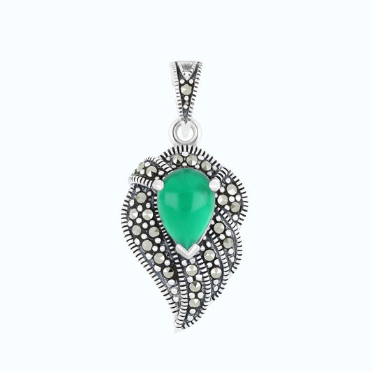 Sterling Silver 925 Pendant Embedded With Natural Green Agate And Marcasite Stones