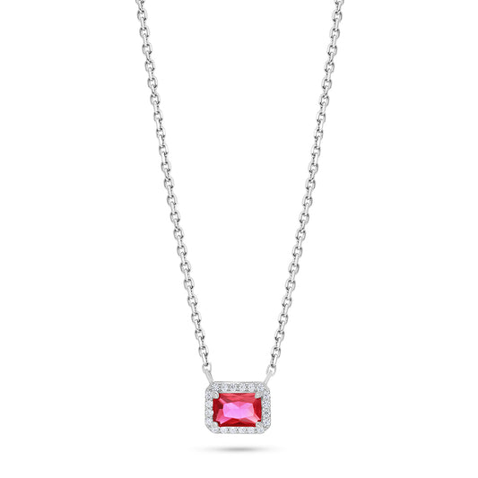 Sterling Silver 925 Necklace Rhodium Plated Embedded With Ruby Corundum And White Zircon