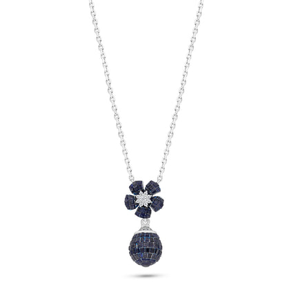 Sterling Silver 925 Necklace Rhodium Plated Embedded With Sapphire Corundum And White Zircon