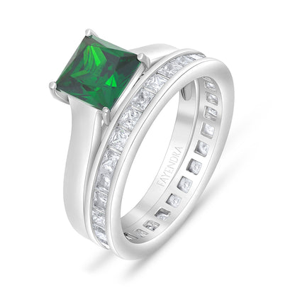 Sterling Silver 925 Ring  Rhodium Plated Embedded With Emerald Zircon And White Zircon