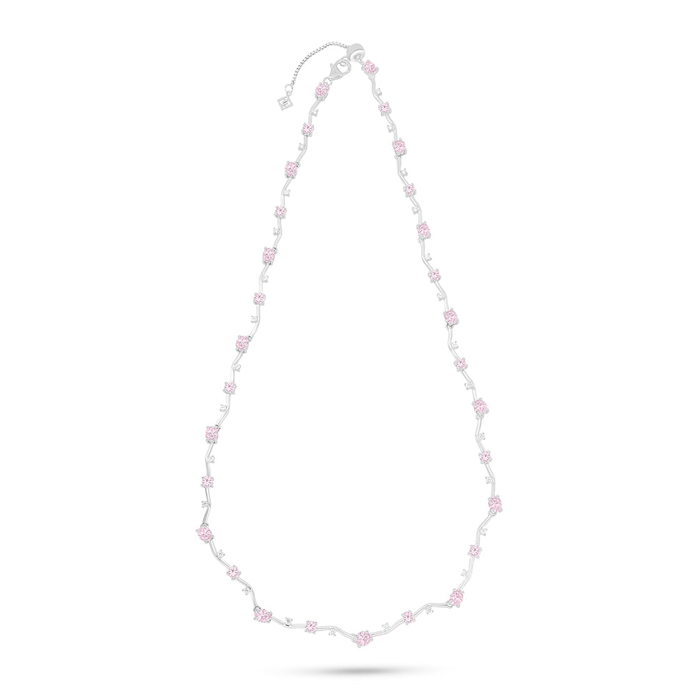 Sterling Silver 925 Necklace Rhodium Plated Embedded With Pink Zircon And White Zircon