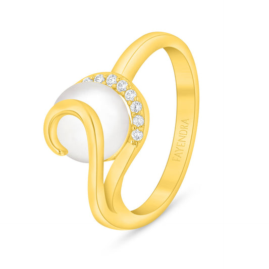 Sterling Silver 925 Ring Golden Plated Embedded With Natural White Pearl And White Zircon