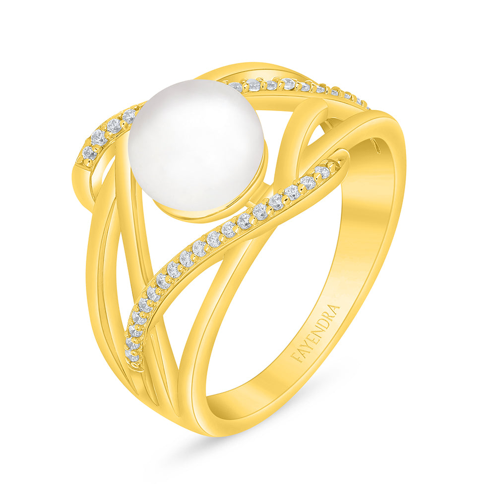 Sterling Silver 925 Ring Golden Plated Embedded With Natural White Pearl And White Zircon