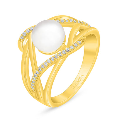 Sterling Silver 925 Ring Golden Plated Embedded With Natural White Pearl And White Zircon